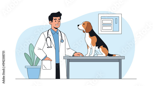 Professional male veterinarian examining a beagle dog on a medical table inside a bright modern animal clinic.