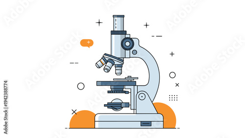 Scientific optical microscope illustration for laboratory research featuring an abstract geometric design background.