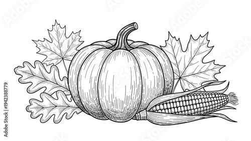 Hand drawn vintage engraving style illustration of a pumpkin with corn ear and autumn leaves for a harvest celebration.