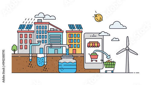 Colorful infographic of a smart sustainable city showing solar energy systems water recycling and green technology.