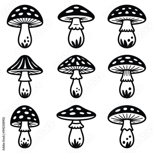 Set of black mushroom icons with different cap patterns and organic shapes isolated on a checkered background for nature and forest designs