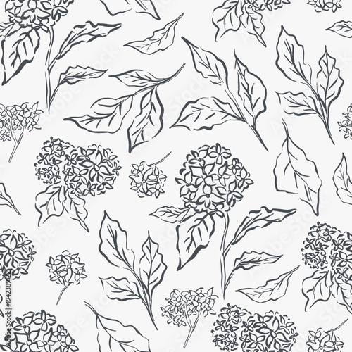 Hand drawn botanical greenery flower seamless pattern quirky imperfect rough scribble sketch for fabric, wallpaper, wrapping paper