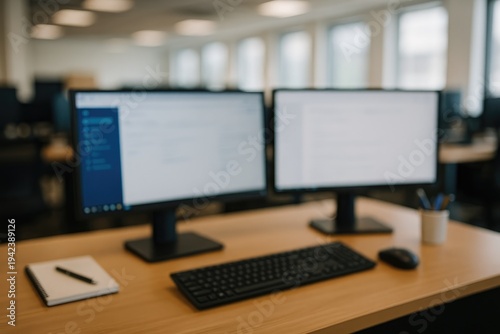 Workspace setup with dual monitors, keyboard, mouse, notebook, and pens for productivity and work.