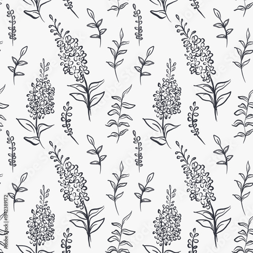 Hand drawn botanical greenery flower seamless pattern quirky imperfect rough scribble sketch for fabric, wallpaper, wrapping paper