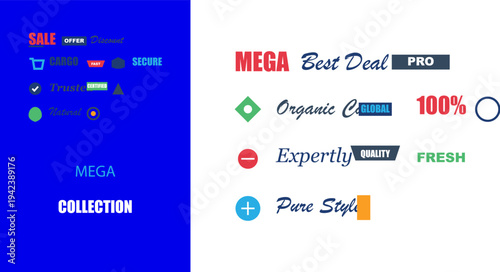Flat design e-commerce badges and labels collection. Sale, offer, discount, best deal, quality, organic, secure.
