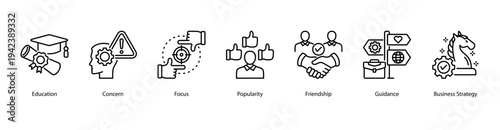 Social and Strategic Values web banner featuring Education, Concern, Focus, Popularity, Friendship, Guidance, and Business Strategy.