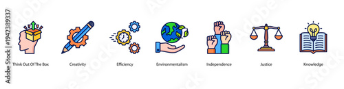 Knowledge and Justice web banner featuring Think Out Of The Box, Creativity, Efficiency, Environmentalism, Independence, Justice, and Knowledge.