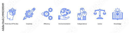 Knowledge and Justice web banner featuring Think Out Of The Box, Creativity, Efficiency, Environmentalism, Independence, Justice, and Knowledge.