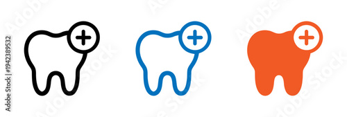 Colorful dental icons with plus signs on teeth outlines