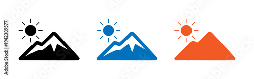 Mountain icons with sun in different colors and styles
