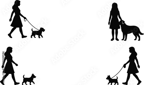Woman walking dog silhouette collection with leash pet owner lifestyle, female with puppy and dog vector isolated set illustration