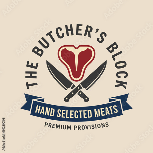 The Butcher's Block branding features layered meat and knives imagery, signifying premium quality hand-selected meats in a stylish, modern design for food enthusiasts.