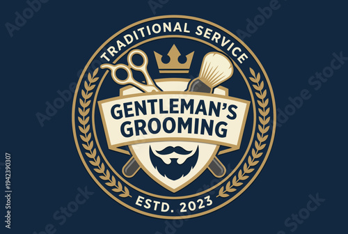 This emblem represents a gentleman's grooming service with a classic and sophisticated design, signifying masculinity, elegance, and a commitment to high-quality grooming since 2023.
