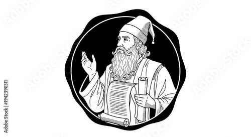 A bearded man in a hat and apron is depicted in a circular frame