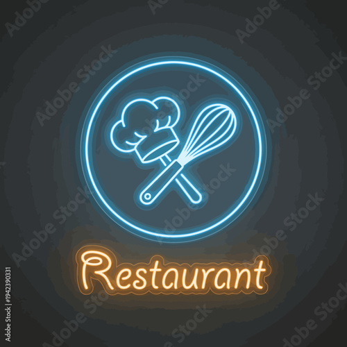 This vibrant neon-style sign showcases a chef's hat and whisk, representing a lively restaurant atmosphere that invites patrons to enjoy delicious culinary experiences.