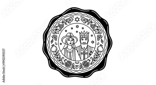 A black and white image of a circular seal with a king and queen