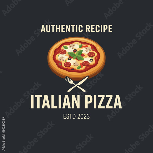 A vibrant logo showcasing a delicious Italian pizza topped with various ingredients. Perfect for pizzerias emphasizing authentic recipes and a rich culinary heritage.
