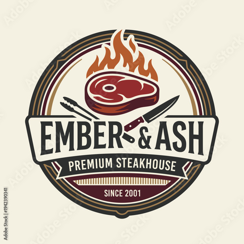 An elegant logo representing a premium steakhouse with imagery of steak and kitchen utensils. Ideal for high-end dining experiences and gourmet culinary adventures.