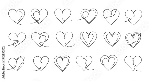 Collection of hand drawn heart line art designs on transparent background silhouette