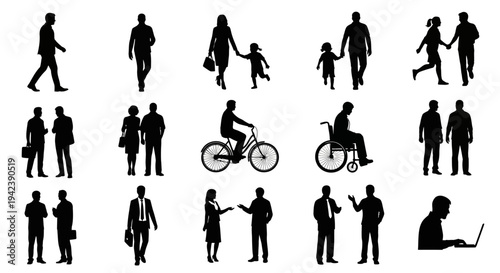 Diverse group of people in various poses on transparent background silhouette