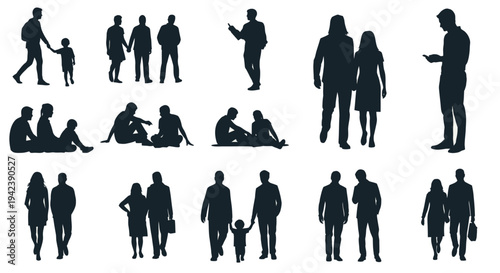 Diverse group of people in various poses a black silhouette on transparent background