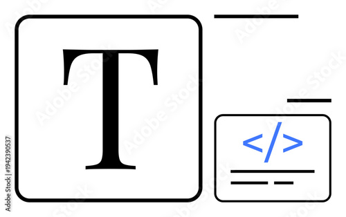 Web design, front-end development, coding, digital typography, user interface, programming tools. Bold letter T and coding syntax enclosed in frames. Web design and front-end development concept