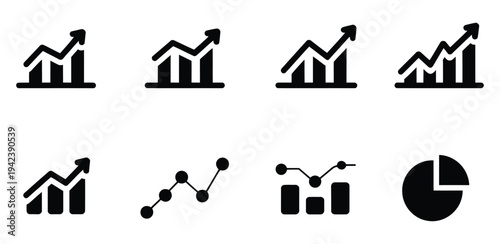 Black and white business graphs and a pie chart representing data trends, showing comparative analytics, revenue distribution
