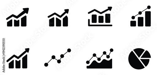 Black and white business graphs and a pie chart representing data trends, visualizing company performance metrics