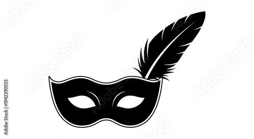 A black masquerade mask with a feather