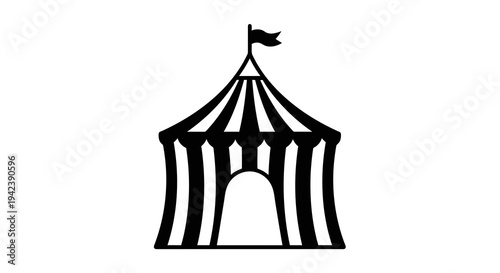 A black and white illustration of a circus tent