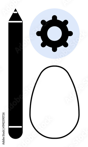 Creative tools concept. Pencil design, gear for development, and abstract shape highlighting creativity. Creative expression, innovation, visual art, education, and technology