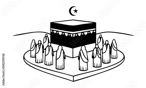 Hajj pilgrims performing tawaf around Kaaba minimal line art vector illustration
