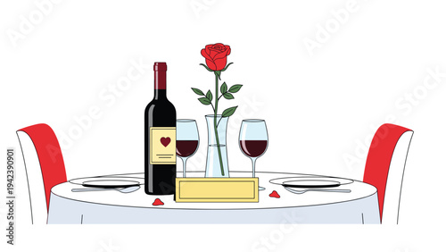 Romantic table setting for two featuring red wine, two glasses, and a single rose in a vase for an intimate date or a special anniversary dinner.