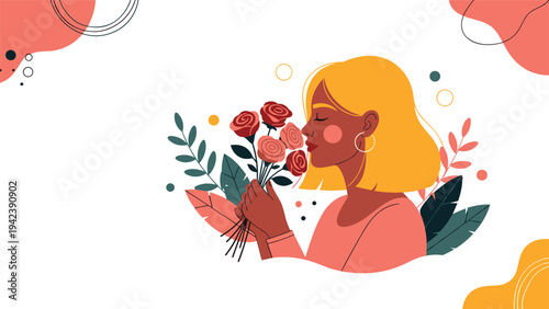 Artistic illustration of a blonde woman smelling a small bouquet of roses with an abstract colorful background representing peace and happiness.