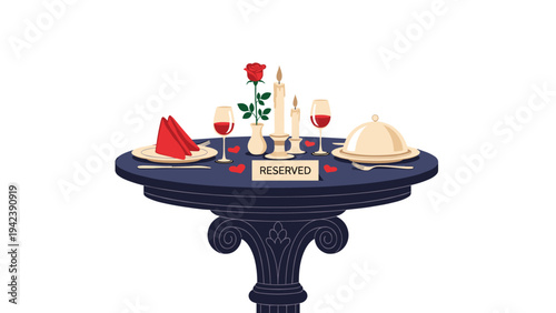 Elegant restaurant table for a private dinner with a reserved sign, lit candles, red wine, and a single rose in an ornate and luxurious setting.
