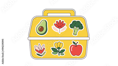 Bright yellow lunchbox decorated with colorful food and flower stickers including avocado, apple, and broccoli for a healthy school lunch theme.