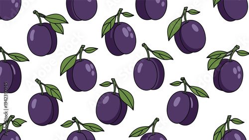 Seamless pattern of ripe purple plums with green leaves on a white background creating a fresh and organic fruit motif for textile and packaging.