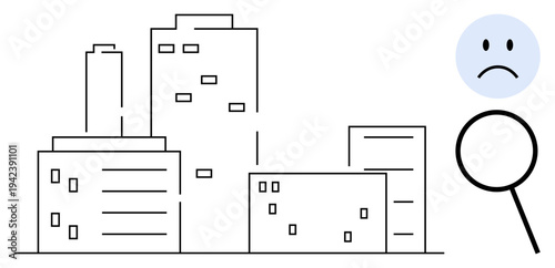 Urban issues. A cityscape with magnifying glass and sad face urban challenges. Urban issues affecting development, housing, and infrastructure. For planning, sustainability, research, and policy