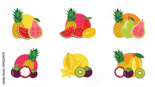Assortment of six tropical fruit clusters featuring pineapple, watermelon, guava, and mangosteen for summer juice and healthy smoothie promotions.