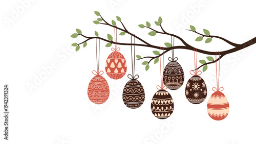 Intricately patterned Easter eggs hanging from a spring tree branch with fresh green leaves against a plain white background.