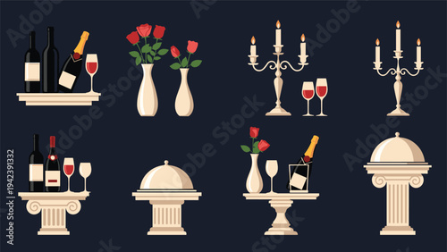 Elegant collection of fine dining symbols including wine bottles, champagne, roses, and candelabras on classical pedestals.