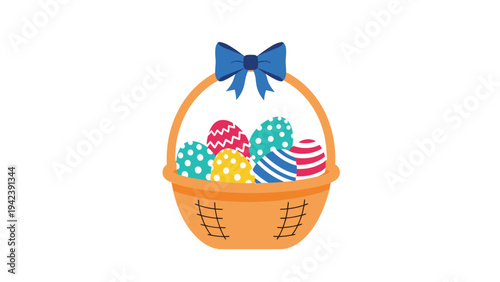Wicker basket filled with colorful decorated Easter eggs and topped with a large bright blue ribbon bow for holiday gifting.