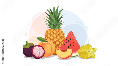 Selection of ripe tropical fruits including pineapple, mangosteen, watermelon, and starfruit arranged in a vibrant group.