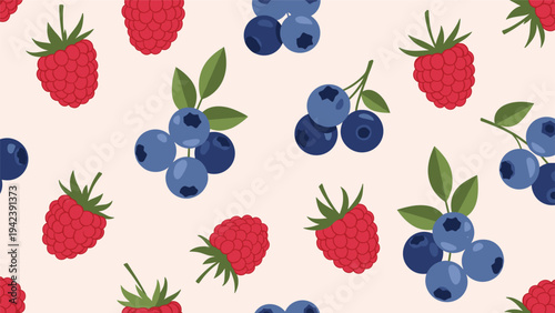 Seamless pattern of fresh red raspberries and ripe blueberries with green leaves scattered on a soft pastel pink background.