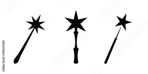  Magic Wand on the White Background, professional vector pack showing magical wand, stars, and spark effects, scalable graphics ideal for fantasy games, children’s book illustrations,