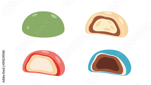 Variety of colorful Japanese mochi rice cakes with different flavored fillings including green tea and strawberry cream.