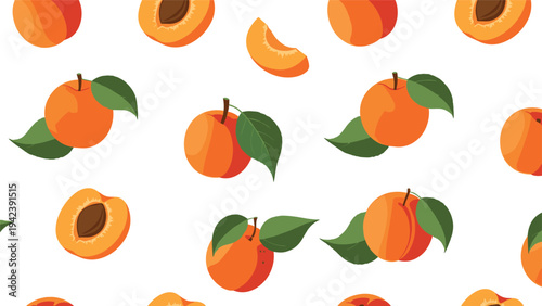Repeating pattern of fresh whole and sliced peaches with green leaves on a clean white background for summer themes.