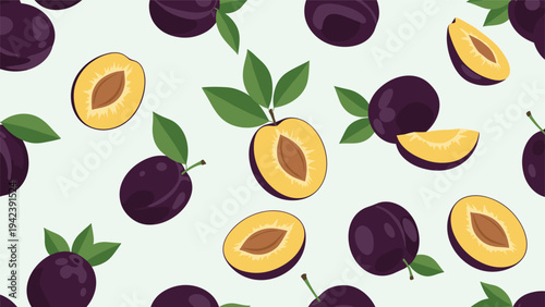 Seamless fruit pattern featuring whole and halved dark purple plums with yellow interiors and green leaves on a light base.