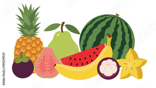 Group of assorted tropical fruits including pineapple, pear, guava, watermelon, banana, mangosteen, and a starfruit.