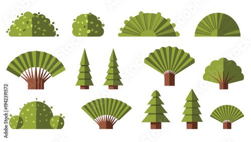 Collection of various stylized green bushes and trees in geometric shapes for architectural visualization and garden design.